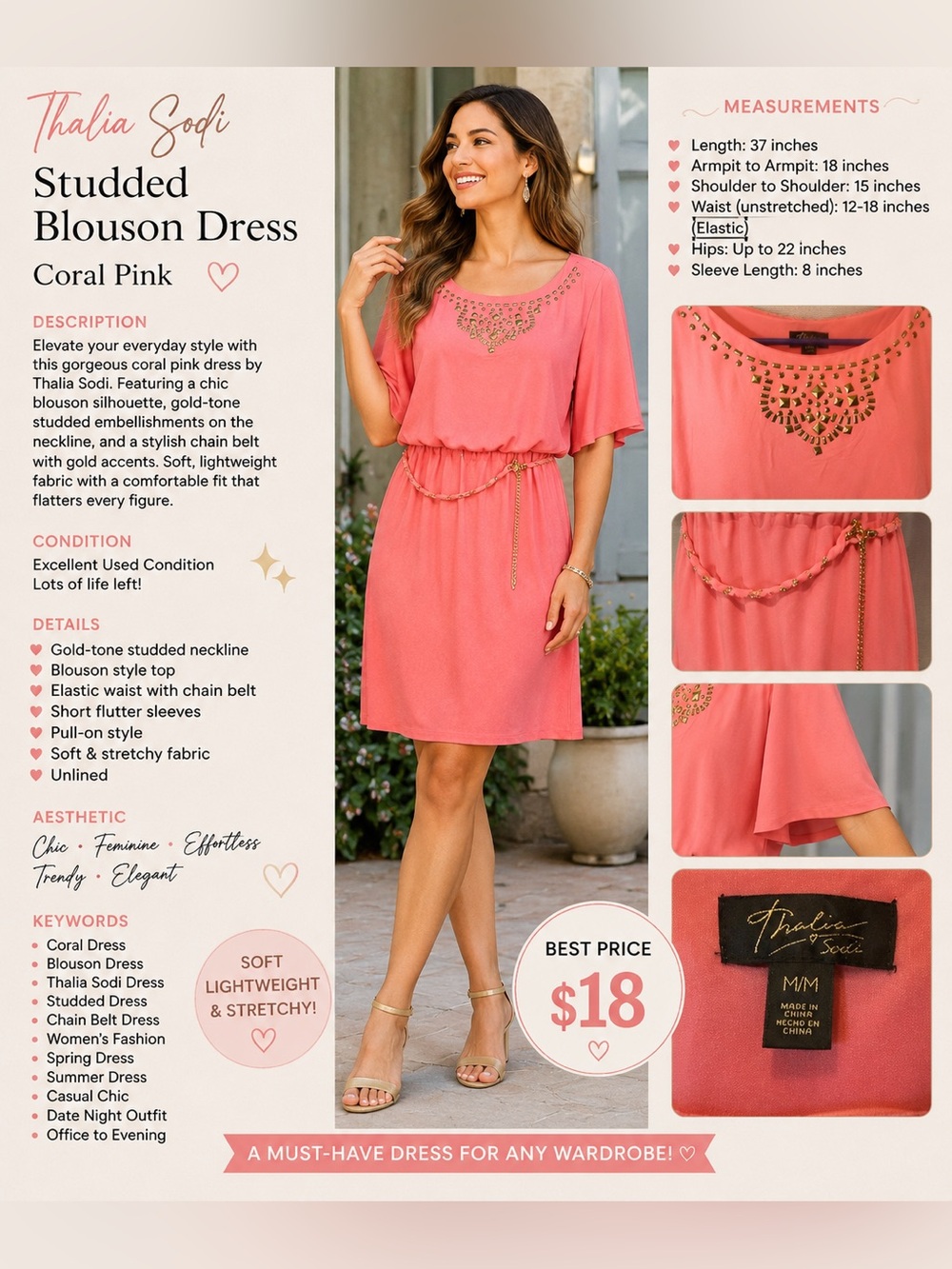 Thalia Sodi Coral Pink Mini Dress with Gold Stud Detail